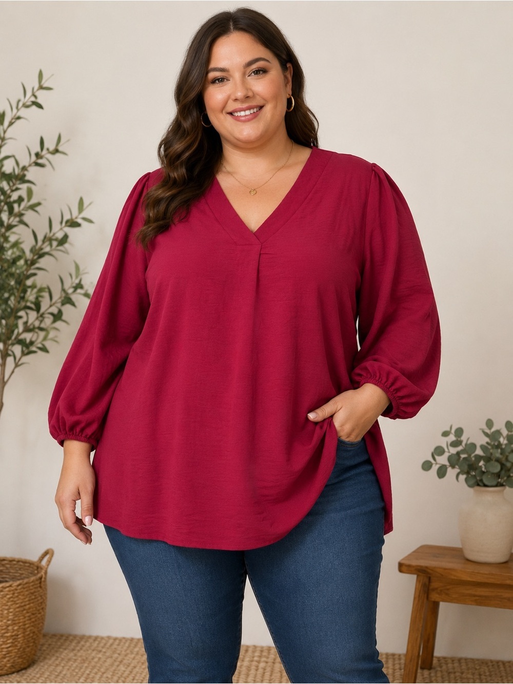 You & Me Women’s Red Flowy Balloon Sleeve V-Neck Blouse. Size: 3XL